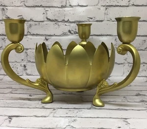 Lotus Flower Bowl 3 Arm Candle Holder Centerpiece Brass Toned - Bild 1 von 6