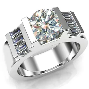 3.11Ct Vvs1 +"Near White Round Moissanite Diamond & Baguette Silver Men's Ring - Picture 1 of 1