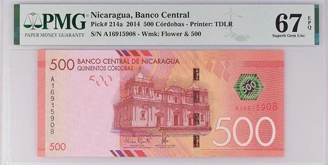 Nicaragua 500 Cordobas 2014 P 214 a Superb Gem UNC PMG 67 EPQ Top Pop Cover