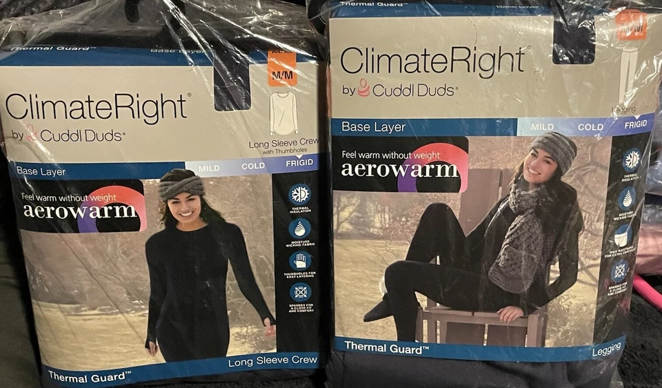 ClimateRight Cuddl Duds AEROWARM LONG SLEEVE CREW BASE LAYER TOP/BOTTOM MED NAVY - Image 1 of 4