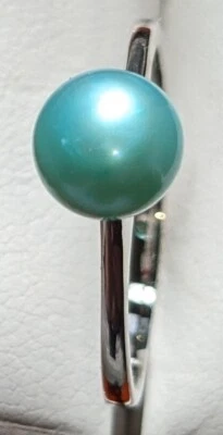 pearl Ring, teal, size 10, real cultured pearl 6 mm - Image 1 of 2