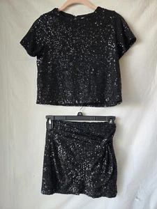 Girls Black Sequinned Skirt And Top Set. Top Size L, Skirt Size S. Formal Outfit - Picture 1 of 14