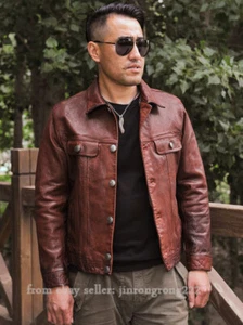 Echtleder Kleidung Herren Ziegenfell Jacke Revers kurzer Stil Schuhhaut gewaschen - Bild 1 von 15