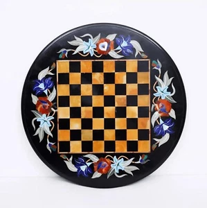 Handmade Black Marble Stone Game Chess Board With Floral Inlay Work Hallway Deco - Picture 1 of 8