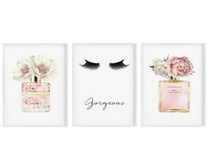 Impresiones de moda, impresiones artísticas, arte de pared, conjunto de 3, lápiz labial perfume floral rosa - Imagen 1 de 1