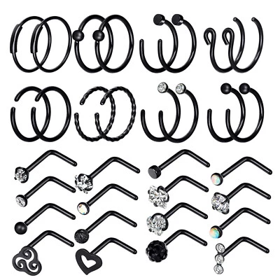 32 Pcs 20G Nose Hoops Rings L-Shaped Studs Stainless Steel Piercing Jewelry Set - Image 1 of 4