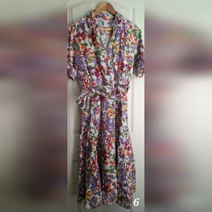 VTG JG Hook Women’s Floral Dress Faux Wrap Abstract Short Sleeve Linen 14 Art - Picture 1 of 11
