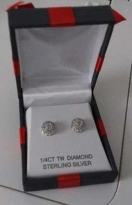 1/4 CT Diamond Earrings Sterling Silver Stud NEW IN BOX-XMAS GIFT FOR HER or HIM - Image 1 of 4