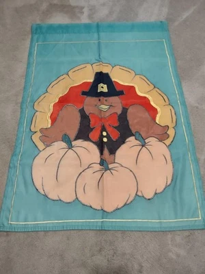 Vtg Pilgrim Turkey & Pumpkins Yard Flag 27" x 40" Embroidered Nylon Thanksgiving - Image 1 of 3