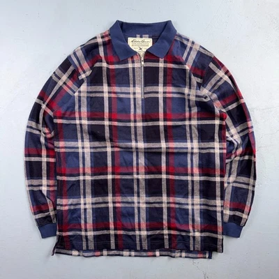 Suéter masculino vintage Eddie Bauer xadrez quarto de zíper algodão M vermelho azul Y2K - Imagem 1 de 4