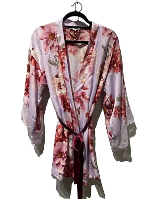 In Bloom by Jonquil Pink Floral Kimono Robe Satin Size XS-S Lace Trim V-Day - Image 1 of 4