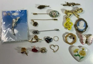 Jewelry Pin Brooch and Pendant, Gold Tone Enamel Costume Straight Pin Lot of 19 - Picture 1 of 7
