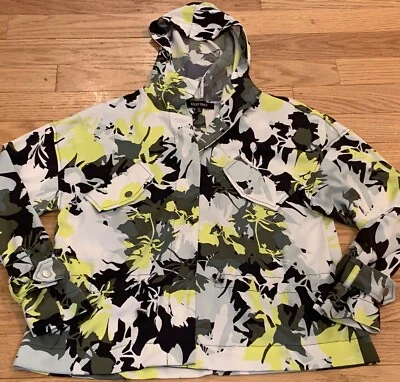 Ellen Tracy Womens Snap Front Jacket Camo Abstract Yellow Black & Hood FREE SHIP - Image 1 of 4