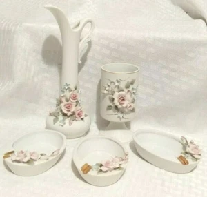 5 piece Lefton China Raised Pink Roses Bud Vase Cigarette holder 3 ashtrays 1196 - Picture 1 of 12