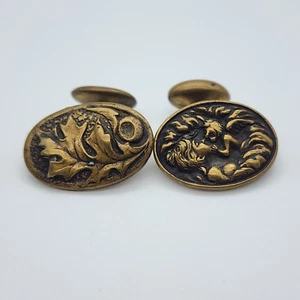 Art Nouveau Angel Cupid Autumn Leaf - Mismatched Whale Back Cuff Links - As Is - Picture 1 of 13