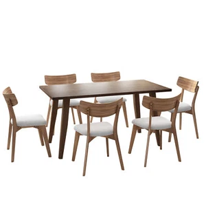 7-Piece Dining Table Set Rubber Wood Table and 6 Upholstered Dining Chairs Beige - Picture 1 of 12