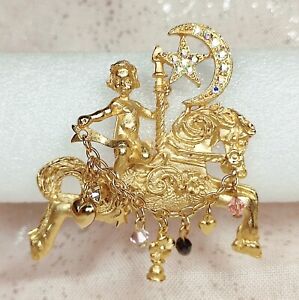 Kirks Folly Matte Gold Tone Carousel Horse Cherub Crystals Charms Pin