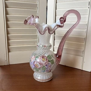Fenton French Opal Spiral Optic Hand Painted Pitcher Special Order 1996 C2356 - Picture 1 of 7