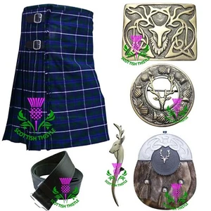 Scottish Kilt Set Outfit Blue Douglas Tartan 7pcs 8 Yard 16oz 100% Acrylic Wool - Picture 1 of 14
