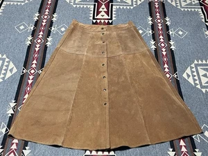 Gonna vintage anni 70 pelle scamosciata marrone boho linea A midi taglia 11/12 T37 - Foto 1 di 7