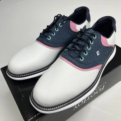 FootJoy 男式 10M 码传统高尔夫白色/蓝色/粉色皮革 #57959 高尔夫鞋 — 第 1/4 张图片