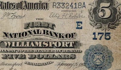 1902 $5 Fr#590 The First NB of Williamsport, Pennsylvania PMG 20 Charter # 175 - Image 1 of 3
