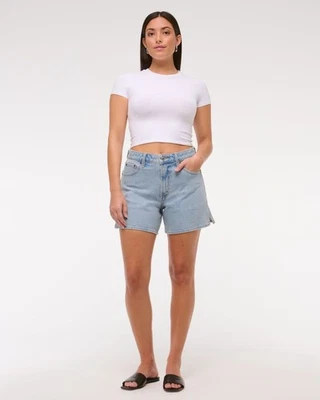Pantalones Cortos Abercrombie Mujer 22 Curve Love Tiro Alto Papá Jean Azul Denim Elástico Foto 1 de 4
