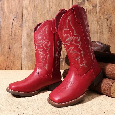 Botas femininas de meia panturrilha botas de cowboy botas de cowgirl bordadas biqueira quadrada botas ocidentais - Imagem 1 de 4