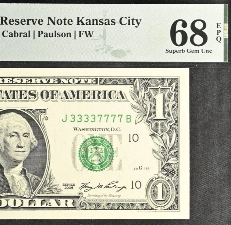 2006 $1 Federal Reserve Note PMG 68EPQ - Top Pop - Double Quad Serial Number - Image 1 of 4