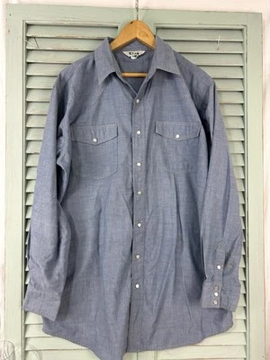 Mens Vintage Shirt Blue Chambray Long Sleeve KEY Work XLT Pockets Pearl Snaps - Image 1 of 4