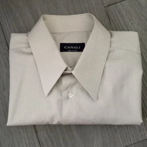 CANALI Italy Tan Check Pattern Shirt 42 16 1/2 Long Sleeve Collar Cuffs Cotton - Picture 1 of 10