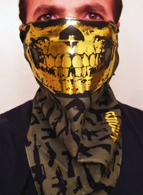 MÁSCARA FACIAL MEIA CAVEIRA DOURADA VERDE OLIVA BANDANA TÁTICA ARMAS METRALHADORA TRAPO - Imagem 1 de 4