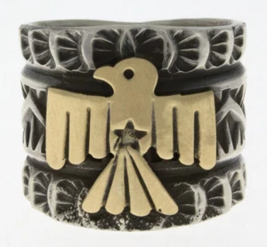 8 - Sterling Silver Thunderbird Ring With 14k Gold Appliqué By Sunshine Reeves - Picture 1 of 5
