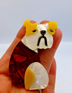 Vintage modern BROOCH Handmade BRITISH BULLDOG DOG Puppy Red acrylic bakelite - Picture 1 of 2