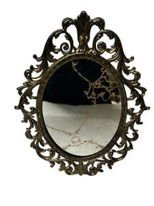 Vintage Japanese Antiqued Brass Ornate wall smoked mirror Cast Brass Metal 13" - Picture 1 of 13
