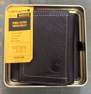 Carhartt Men's Brown Leather Trifold Wallet Pebble Textured in Metal Case WW0209 - Picture 1 of 8