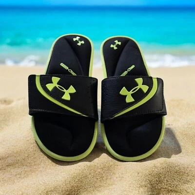 Sandalias Under Armour Niños Deslizables 2Y Juveniles Negras Verde Lima 4D Espuma Ajustable Foto 1 de 4
