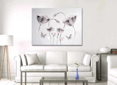 LARGE WHITE GREY JAPANESE FLOWER BUTTERFLY PICTURE ZEN CANVAS WALL ART PRINT NEW - Image 1 of 3