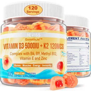Vitamin D3 5000IU + K2 MK-7 120mcg Sugar-Free Vitamin D3 K2 Filled Gummies wi... - Picture 1 of 7