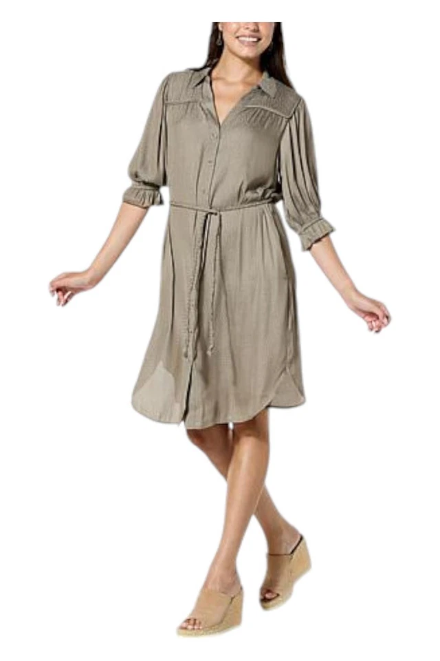 Democracy Women's Hammered Satin Lantern-Sleeve Shirtdress Olive - Image 1 of 1