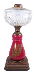 Kerosene Oil Lamp Composite Daisy & Button Red Glass Cast Iron Antique A Beauty - Picture 1 of 12