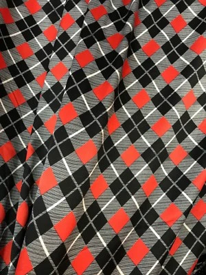 Black Red Diamond Check Print Faux Silk Satin Fabric BTY Drape Shirt Scarf  - Image 1 of 4