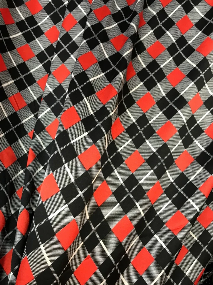 Black Red Diamond Check Print Faux Silk Satin Fabric BTY Drape Shirt Scarf  - Image 1 of 4