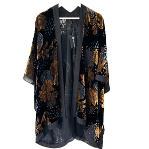 New Velvet Burnout Kimono Topper Women's One Size OS Floral Black Gold Curations - Picture 1 of 7