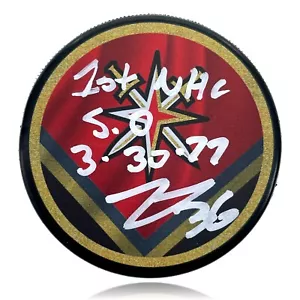 Logan Thompson firmato Vegas Golden Knights retrò disco con scritta 1° salvataggio COA IGM - Foto 1 di 5