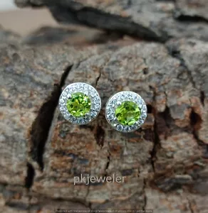 Pendientes de mujer de plata esterlina 925 maciza de peridoto natural y circonita cúbica E-124 - Imagen 1 de 9