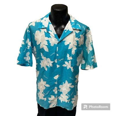 Camisa de Playa Campamento Floral Hawaiana Azul Hibisco Blanco Años 50 60 Aikane Hombres De Colección Foto 1 de 4