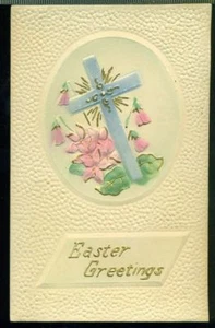 SALUTI PASQUALI pesante croce argento in rilievo fiori rosa cartolina d'epoca - Foto 1 di 1
