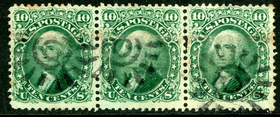 USA 1861 Washington 10¢ Green STRIP OF THREE Scott #68 Used N924 - Image 1 of 4