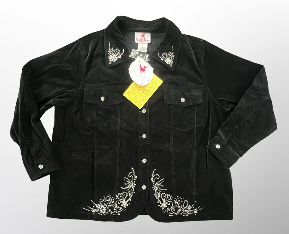 Quacker Factory Jacket Womens 1X Navy Blue Velour Rhinestone Embellished QVC - Image 1 of 4
